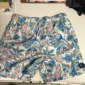 Kids' Tropical Bird Swim Trunks in White with Blue & Pink Accents